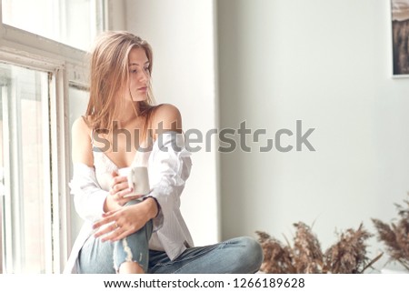 Similar – happy child girl playing at home in cozy weekend morning