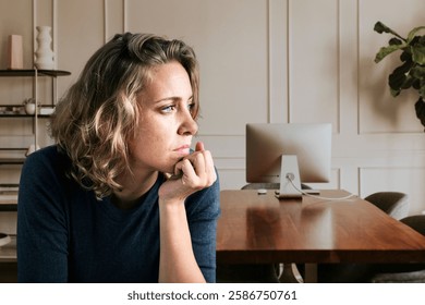 Woman sitting thoughtfully at a desk, looking out a window. Office setting with computer. Casual attire, relaxed pose. Modern workspace with natural light.