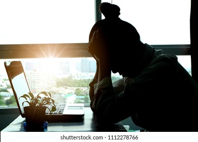 Woman Sitting Work Computer Stressed Not Happy At Her Desk . Health Concept