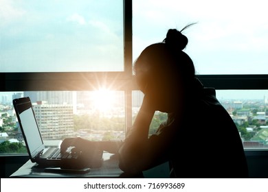 Woman Sitting Work Computer Stressed Not Happy At Her Desk . Health Concept