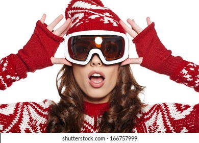 Woman With Ski Goggles Isolated On White