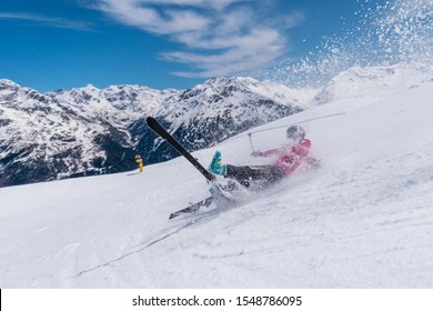 Woman Skier Accident Crash On A Ski Slope With Ski Flying, Solden, Austria