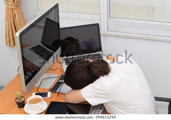 Woman Sleeping Her Computer On Desk Stock Photo Edit Now 394613290