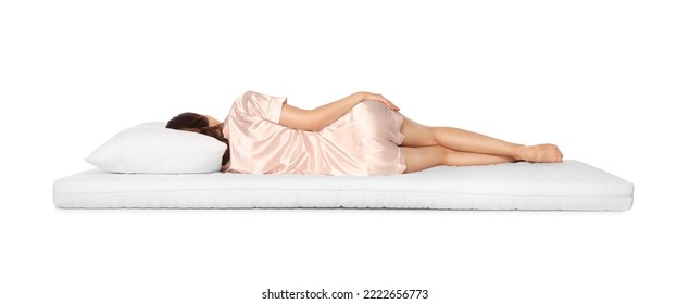 Woman sleeping on soft mattress against white background, back view - Shutterstock ID 2222656773