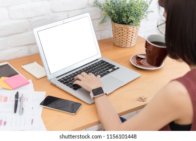 Woman Small Business Owner, Business Start Up Conceptual, Young Entrepreneur Work With Laptop With White Blank Screen For Display Insertion