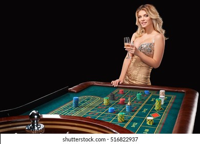 Woman In A Smart Dress Plays Roulette.