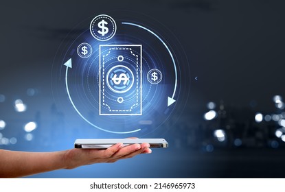 Woman With Smartphone, Digital Hologram Banknote And Lines, Blurred Background. Cashback And Money Refund. Concept Of Online Payment And Mobile App