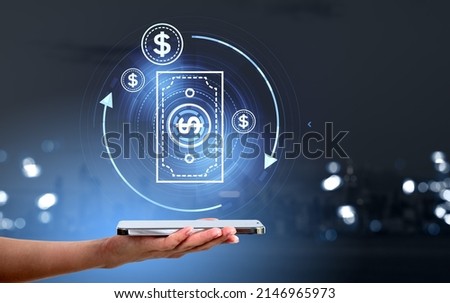 Woman with smartphone, digital hologram banknote and lines, blurred background. Cashback and money refund. Concept of online payment and mobile app
