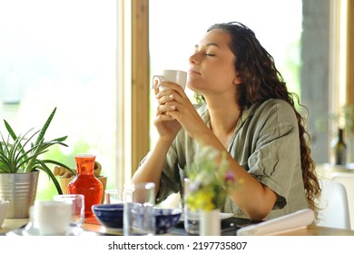 Woman Smelling Coffee Aroma Sitting In A Restaurant