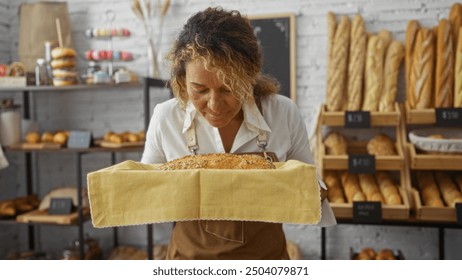 Woman smelling freshly baked bread in a cozy bakery shop surrounded by various loaves and pastries, creating a warm and inviting atmosphere. - Powered by Shutterstock