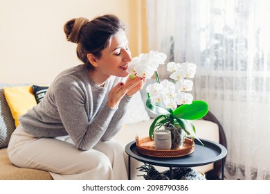 Woman smelling white blooming orchid on coffee table at home. Girl enjoys coziness and house plants and flowers. Interior