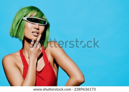 Woman smile beauty fashion sunglasses swimsuit retro wig trendy portrait summer