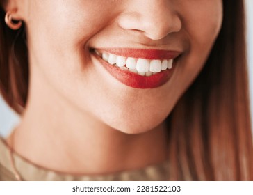 Woman, smile and closeup of dental wellness, healthcare and dentist of female veneers. Happy, cosmetics and young person with teeth whitening, lipstick and healthy clean mouth with dentistry - Shutterstock ID 2281522103