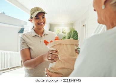 Woman, Smile And Grocery Delivery For Old Woman From Supermarket. Health, Shopping And Female With Elderly Lady Customer At Home Entrance, Healthy Food And Groceries Bag From Retail Store Courier.