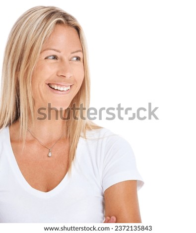 Woman, smile and looking side in studio for natural beauty happiness, t-shirt or care free. Female model person, funny happy face or white background relax confident, casual energy or personality