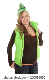 A Woman With A Smile On Her Face Wearing Her Lime Green Hat And Vest.