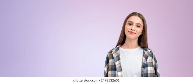 A woman with a smile in a plaid shirt stands against a gradient purple background. Concept of happiness and casual fashion style - Powered by Shutterstock