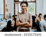 Woman, smile and portrait in creative office for startup, artist and happy for small business agency. Manager, workshop and art director or female person with arms crossed, project and entrepreneur