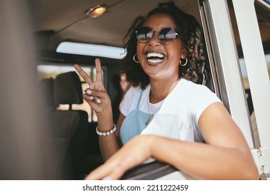 Woman, Smile And Road Trip Show Peace In Car, Pickup Or Truck For Vacation, Holiday And Relax. Girl, Happy And Smile In Portrait In Jeep, Vehicle Or Van On Travel On Road, Street Or Highway In Africa