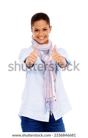 Woman, smile and thumbs up for discount, sale or deal against white studio background. Portrait of isolated female smiling and showing thumbsup for good job, winning or thank you on white background