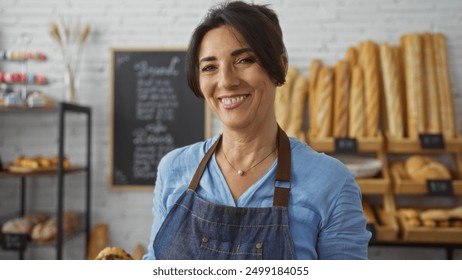 Woman smiling in bakery shop with shelves of bread in the background and a chalkboard menu, wearing a blue shirt and apron, middle-aged with a welcoming demeanor - Powered by Shutterstock