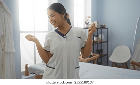 Woman smiling in a bright spa room showcasing joy and relaxation, embodying wellness and beauty in a serene indoor setting with elegant decor. - Powered by Shutterstock