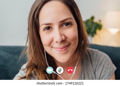 woman smiling during a video call. zoom skype app