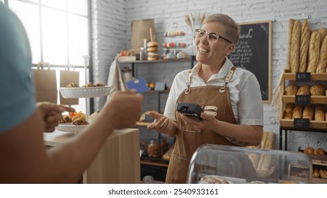 Woman smiling while assisting man in bakery interior, holding payment terminal with shelves filled with bread and pastries in the background - Powered by Shutterstock