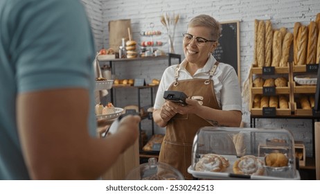 Woman smiling while attending a customer in a cozy bakery with a variety of pastries and breads displayed in the background - Powered by Shutterstock