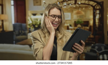 Woman smiling while using tablet in cozy hotel room, showcasing blonde hair, glasses, and tan blazer in a well-lit indoor setting.