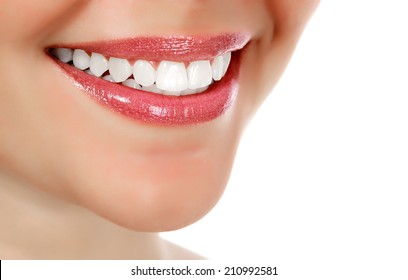 Woman smiling, white background, copyspace