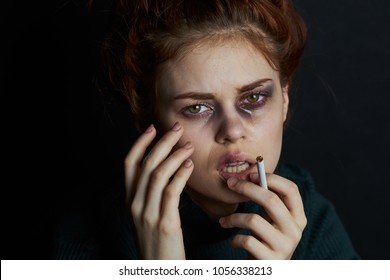 Woman Smokes Cigarette Black Eye Black Stock Photo 1056338213 