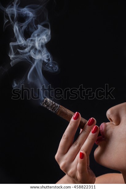 Woman Smoking Cigar Holding Her Fingers Stock Photo (Edit Now) 458822311
