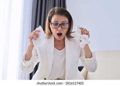 Woman Sneezes In Handkerchief, Businesswoman Got Sick In The Office, With Symptoms Of Respiratory Disease. Seasonal Colds, Allergy Seasonal, Flu Season, Pandemic