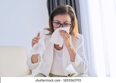 Woman Sneezes In Handkerchief, Businesswoman Got Sick In The Office, With Symptoms Of Respiratory Disease. Seasonal Colds, Allergy Seasonal, Flu Season, Pandemic