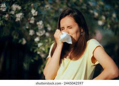 
Mujer estornuda durante la temporada de floración de primavera de alergias. Persona adulta infeliz que sufre de alergia al polen en primavera

