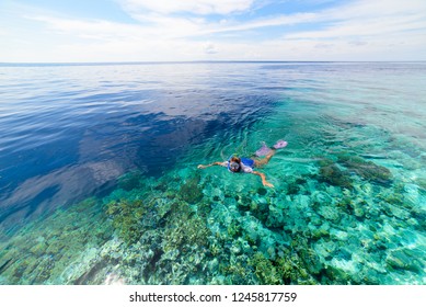 Woman snorkeling on coral reef tropical caribbean sea, turquoise blue water. Indonesia Wakatobi archipelago, marine national park, tourist diving travel destination - Powered by Shutterstock