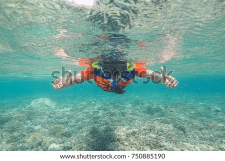 Woman is snorkeling in tropical sea for see coral reef at Gili meno. Lombok, Indonesia.