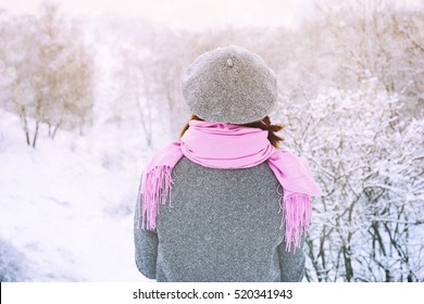 Woman In The Snowy Winter Forest Horizontal