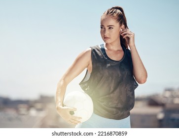 Woman, Soccer Ball Or Thinking Of Fitness Goals, Training Match Target Or Canada City Workout Game. Football Player, Sports Athlete Or Exercise Coach Listening To Health Radio Music Or Winner Podcast