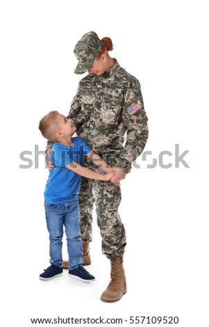 Woman soldier and her son on white background