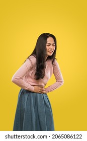 Woman Sore Expression Both Hands Stomach And Bending Over During Menstruation