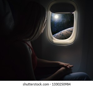 Woman In Spaceship Looks Out The Porthole. Commercial Space Travel Concept.