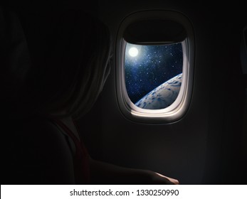 Woman In Spaceship Looks Out The Porthole. Commercial Space Travel Concept.