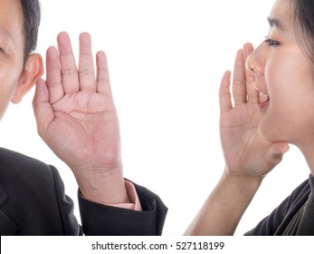 Woman speak to businessman and businessman listen to woman on isolated / white background