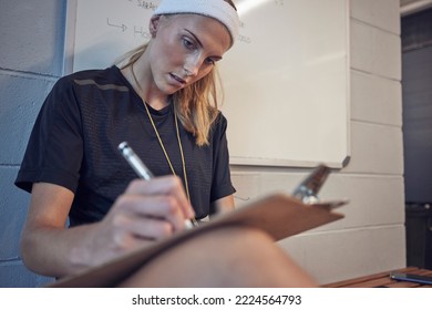 Woman, Sport Coach And Clipboard Writing Of An Athlete Writing Exercise Schedule Or Plan. Personal Trainer Or Gym Fitness Instructor Planning A Sports Class, Wellness Balance And Team Class Data