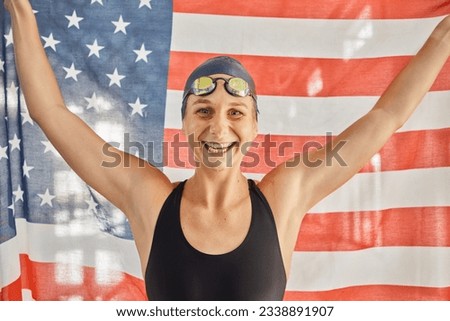 Woman, sport and flag for USA in portrait for winning, goals and pride for swimming games. Girl, swimmer or athlete with smile on face for contest, race or happy for fitness, health or United States