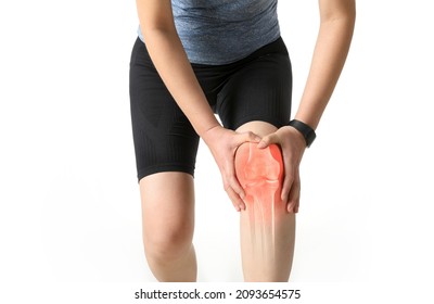 Woman in sportswear is holding painful knee joint (x-ray bone) - Shutterstock ID 2093654575