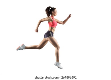 Woman In Sportweear Running On White Background