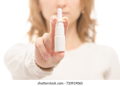 Woman Spray For Nose Medicine On White Background Isolation